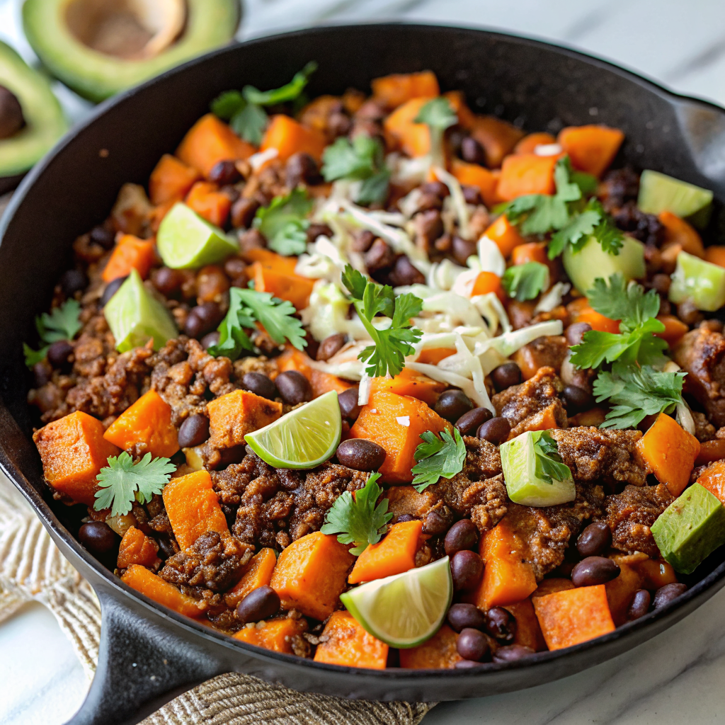 Final plated Southwestern Ground Beef Sweet Potato Skillet with melted cheese, garnished with fresh cilantro and lime wedges