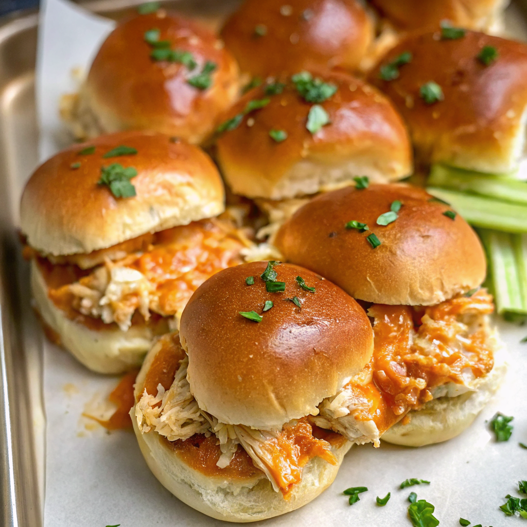 Golden brown spicy buffalo chicken sliders on a serving platter, showing melted cheese and perfectly toasted buns