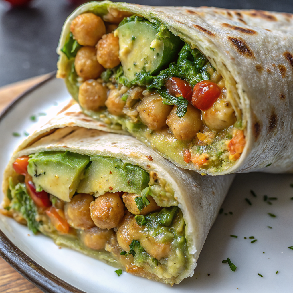 Beautifully assembled spicy chickpea and avocado wrap cut diagonally showing colorful filling with chickpeas, avocado, and fresh cilantro