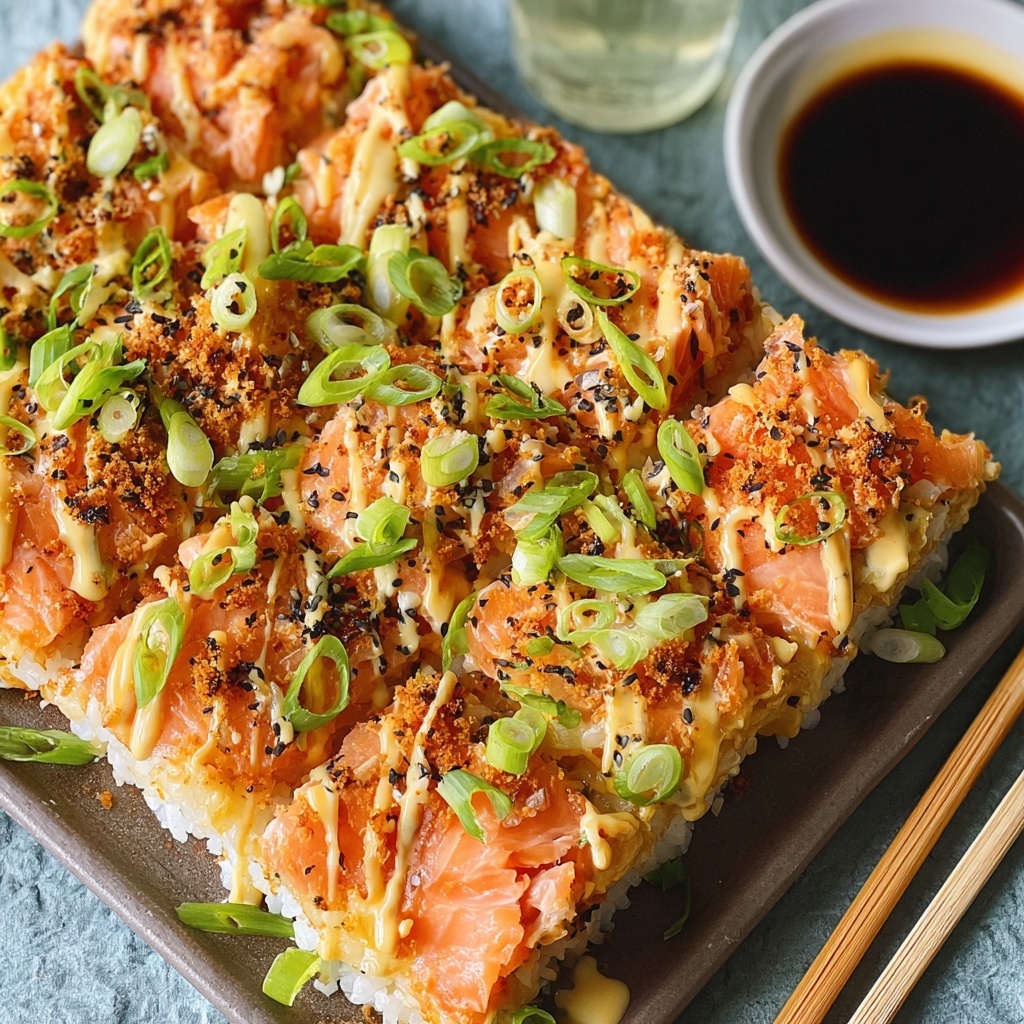 Finished spicy salmon sushi bake in baking dish with golden bubbly cheese top, garnished with green onions and sesame seeds