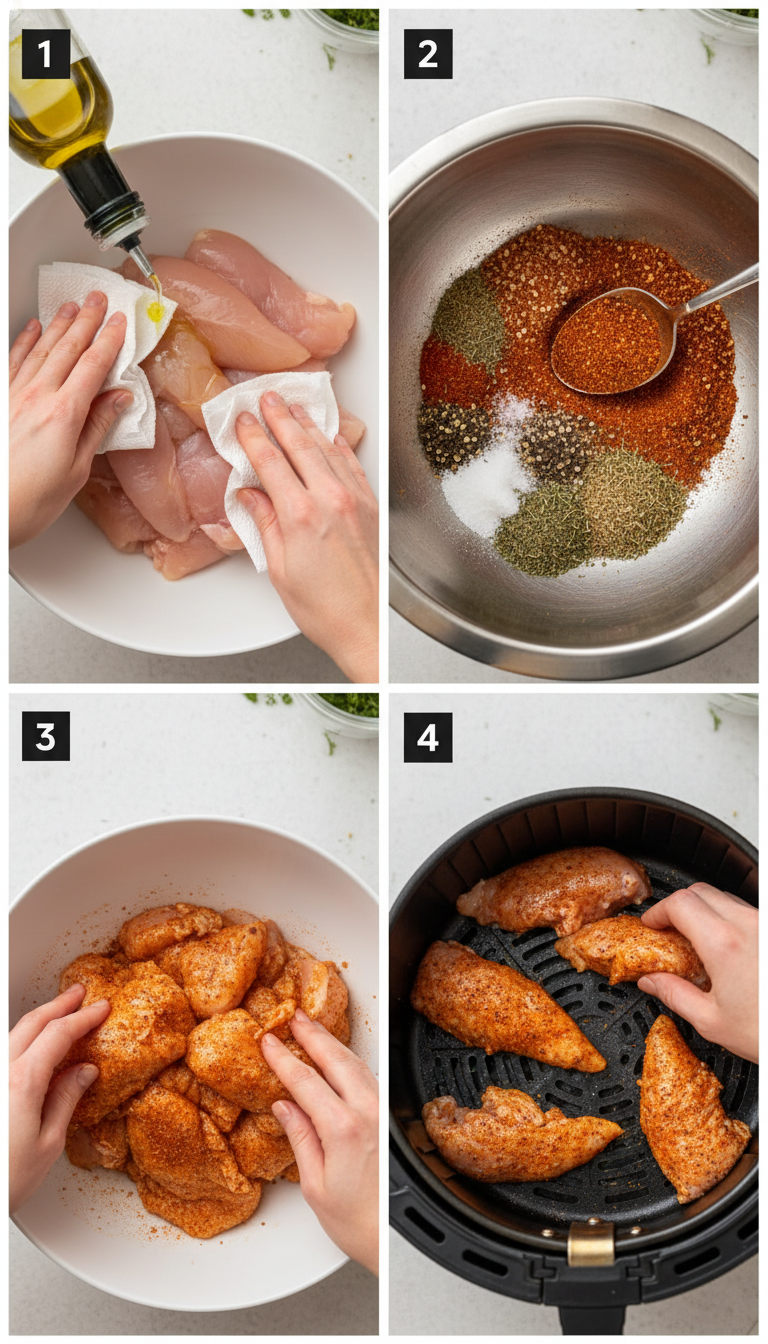 Step-by-step process showing chicken tenders being seasoned and arranged in air fryer basket