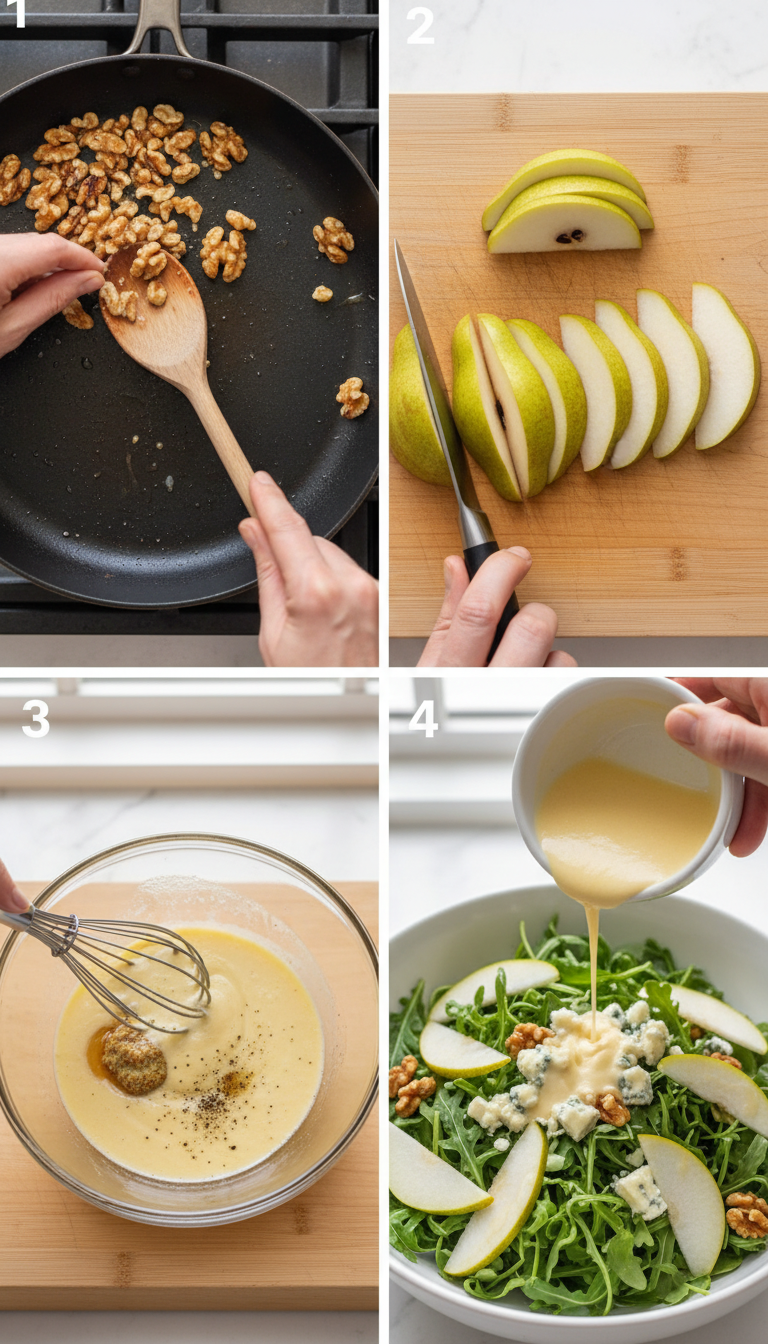 Step by step preparation of arugula pear salad showing toasted walnuts, sliced pears, mixed greens, and homemade dressing