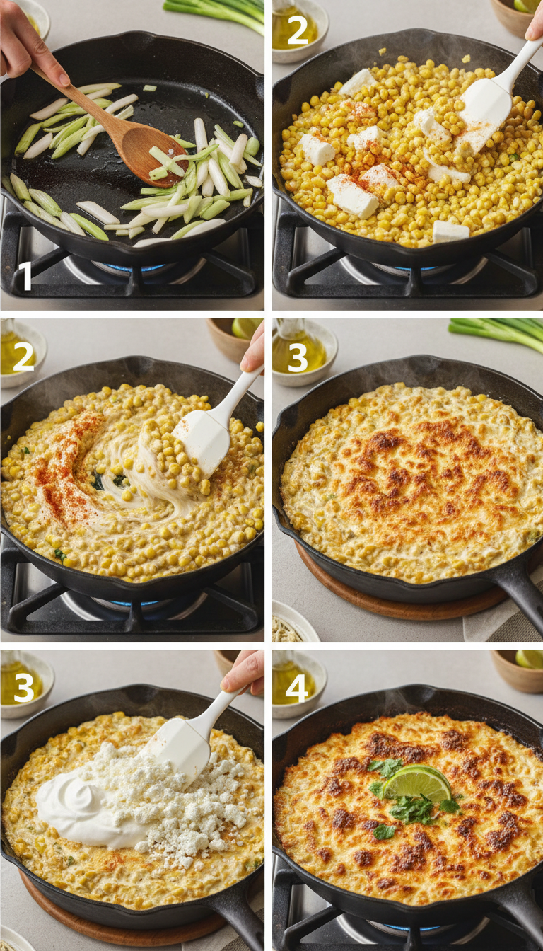 Step-by-step process of making Baked Elote Dip showing sautéing, mixing, and final broiled presentation