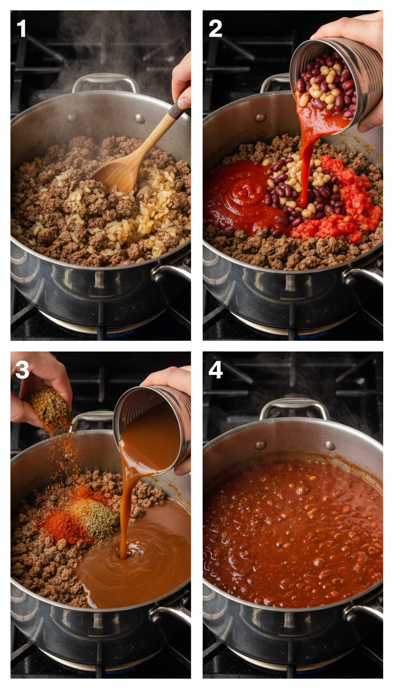 Step-by-step cooking process showing ground beef browning, spices being added, and chili simmering in large pot