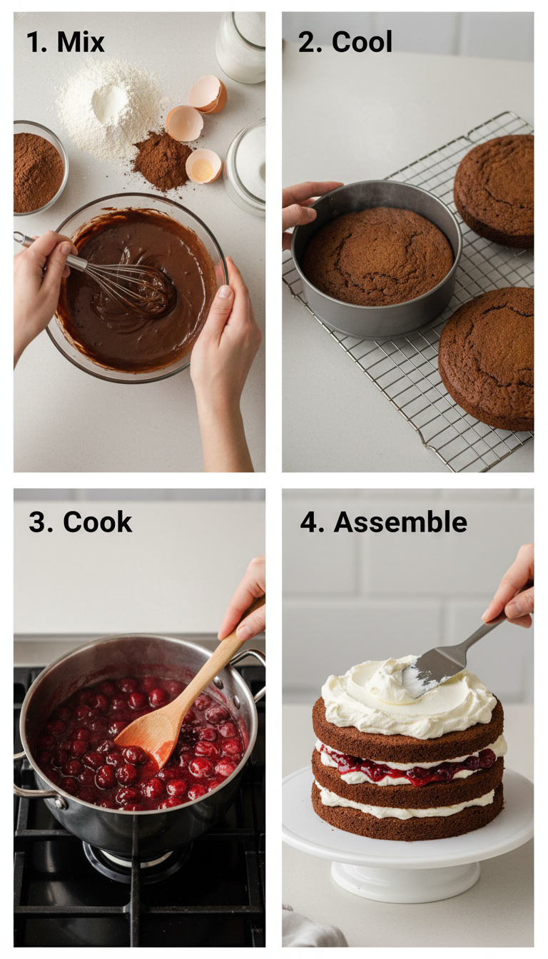 Step-by-step visual guide showing Black Forest Cake preparation from mixing batter to final assembly