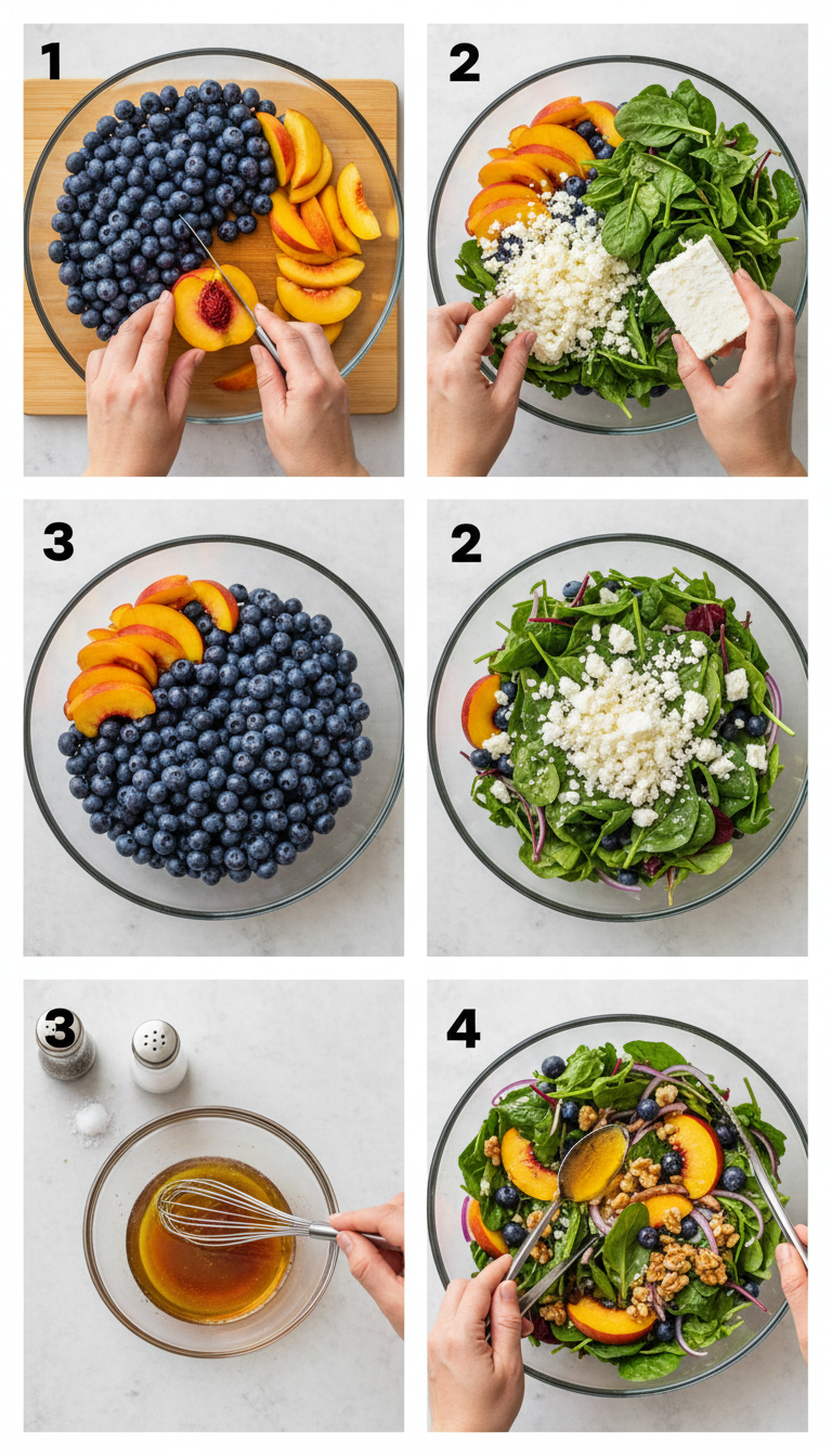 Step by step preparation of Blueberry Peach Feta Salad showing ingredients being combined in a large mixing bowl