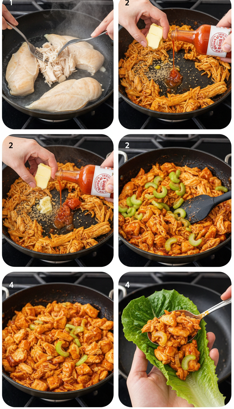 Step-by-step process of making Buffalo Chicken Lettuce Wraps showing cooking chicken, preparing sauce, and assembling wraps