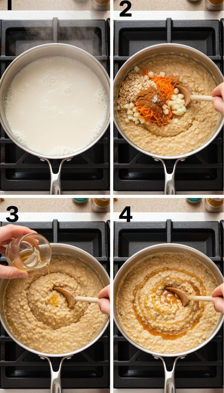 Step-by-step photos showing the cooking process of carrot apple oatmeal from raw ingredients to finished creamy bowl