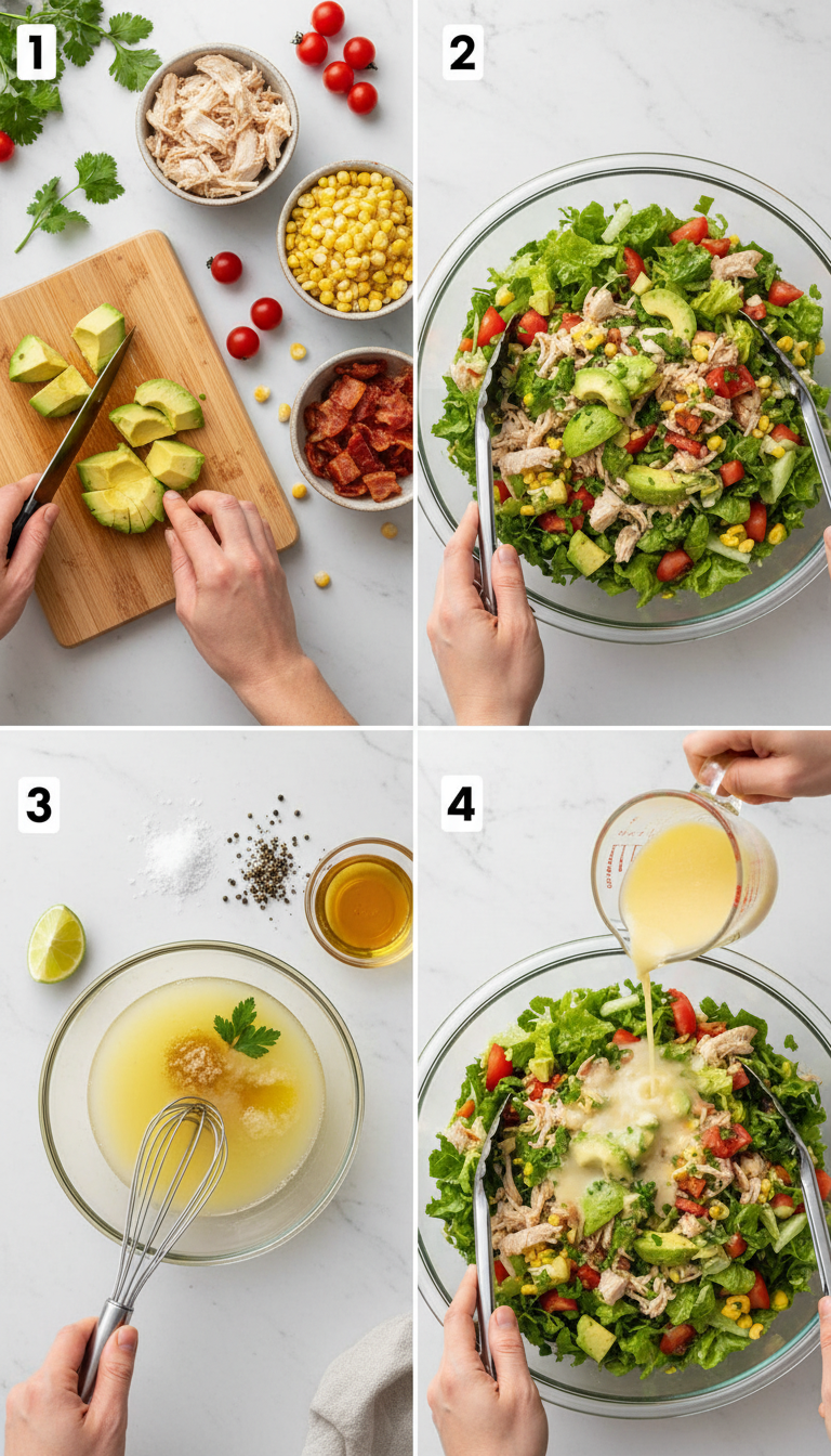 Step by step preparation of Chicken Turkey Bacon Avocado Chopped Salad with Lemon Vinaigrette showing chopping and mixing stages
