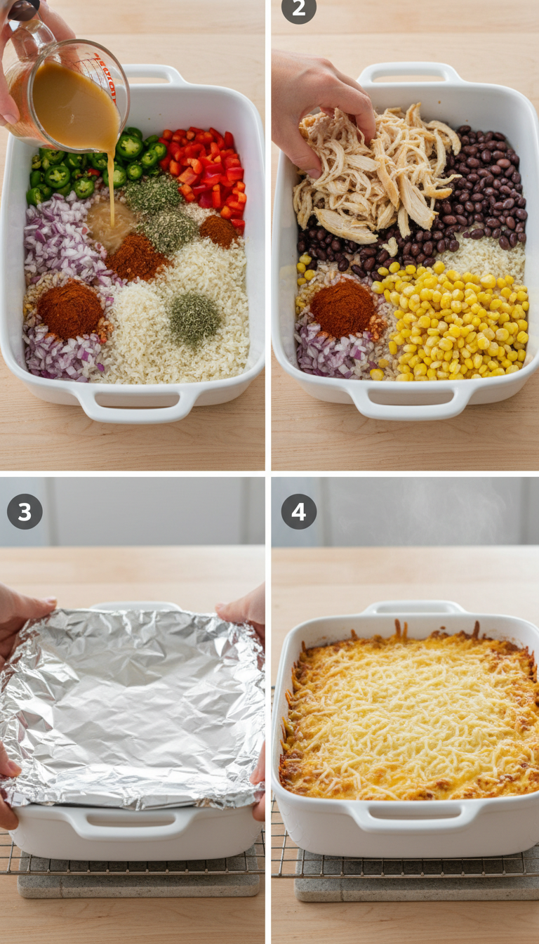 Step-by-step preparation photos showing the assembly process of Chicken Burrito Casserole from raw ingredients to final baked dish