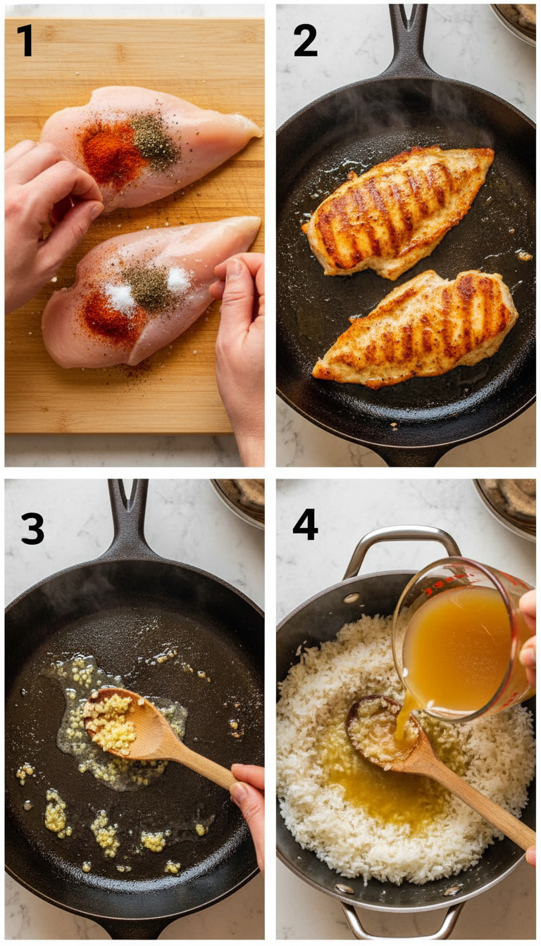 Step-by-step preparation of Chicken Scampi with Garlic Parmesan Rice showing cooking techniques