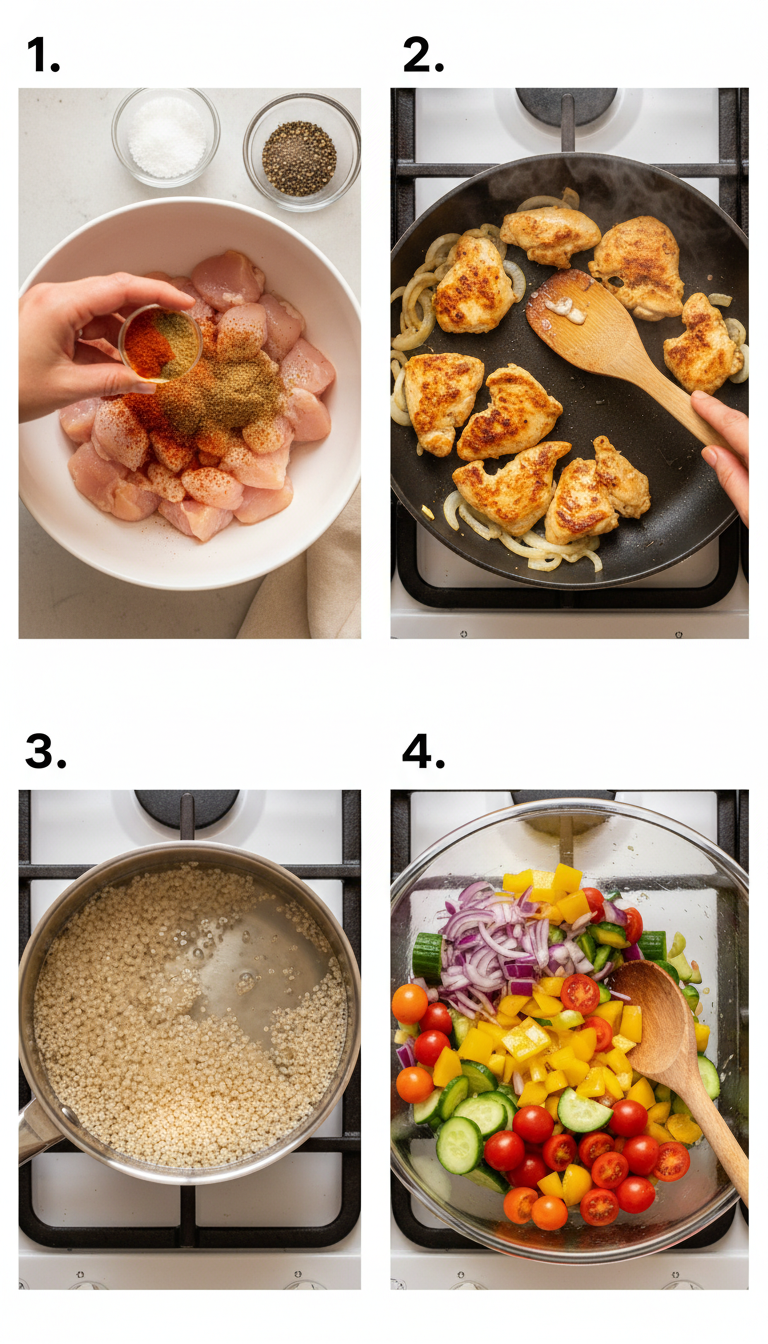 Step-by-step process showing seasoned chicken cooking in a skillet, quinoa preparation, and fresh vegetables being chopped for the shawarma bowl