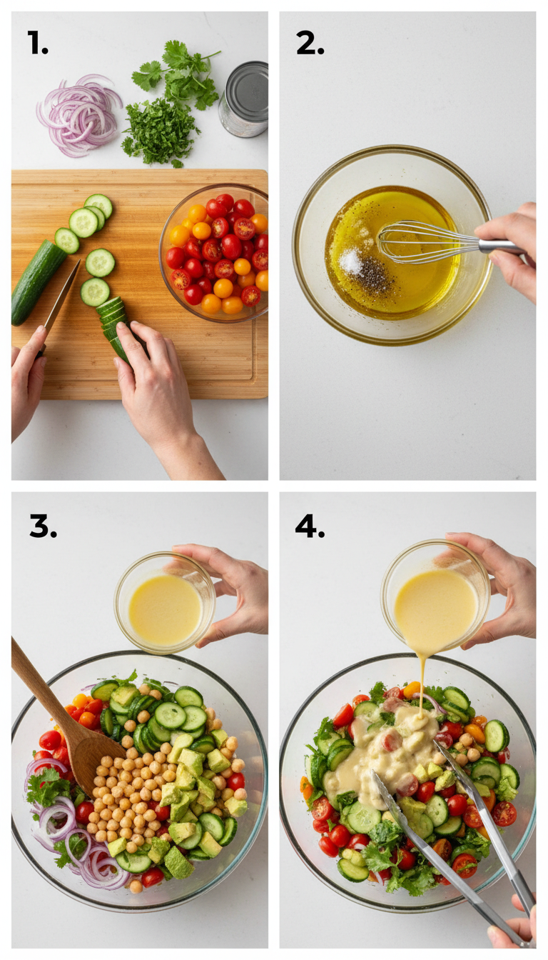 Step-by-step preparation of chickpea salad showing dressing whisking and ingredient combining