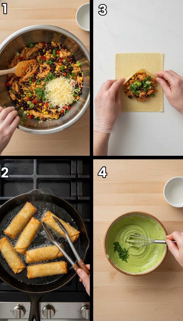 Step-by-step process showing assembly and frying of Chilis Southwest Eggrolls Recipe