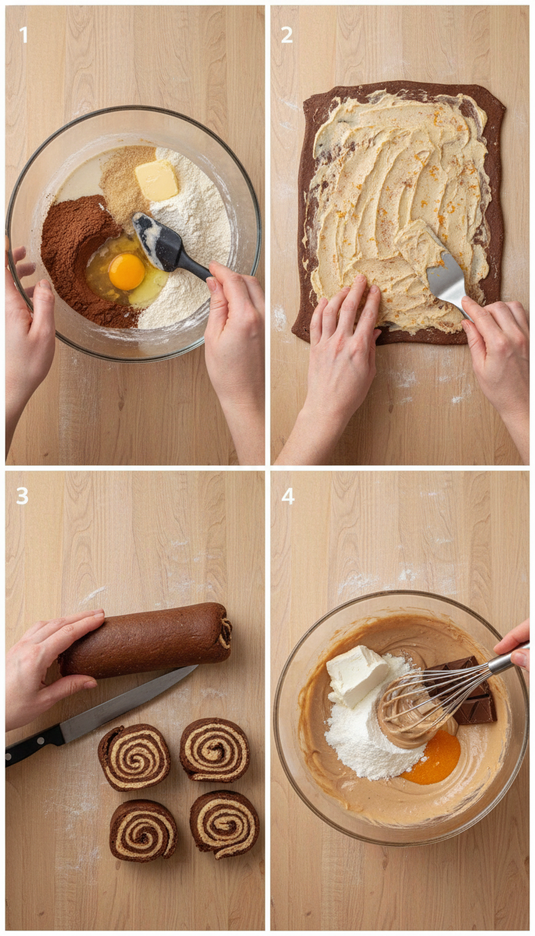 Step-by-step process of making chocolate orange cinnamon rolls from mixing dough to final baked rolls