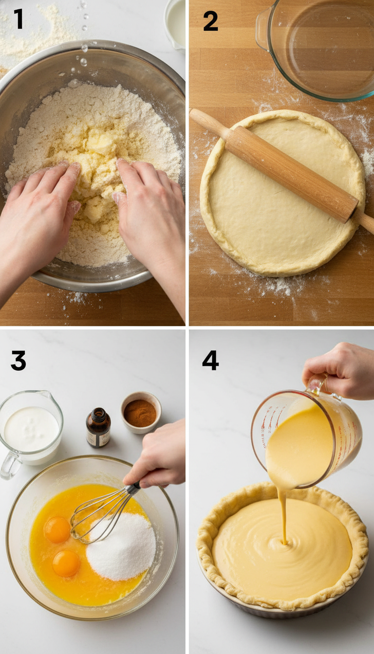Step-by-step process of making Christmas Eve Cinnamon-Vanilla Creamy Custard Pie Recipe