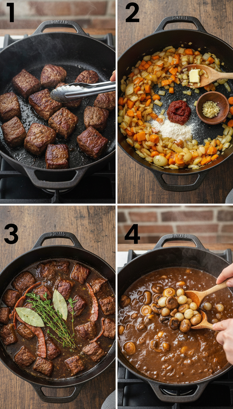 Step-by-step preparation of Classic Beef Bourguignon Recipe showing searing beef and building layers of flavor