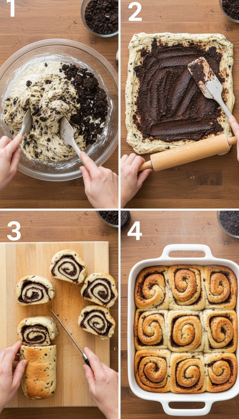 Step-by-step visual guide showing the process of making cookies and cream cinnamon rolls from mixing dough to final frosted rolls