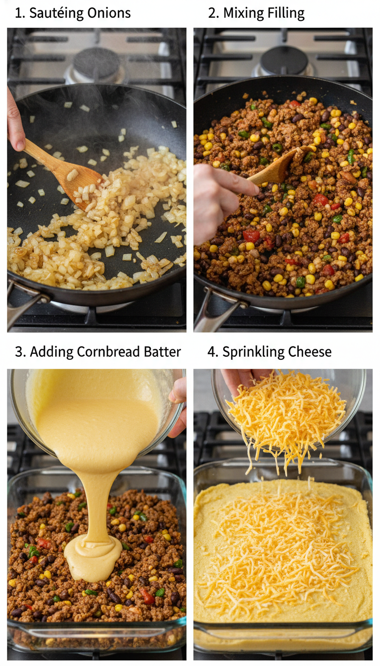 Step-by-step visual guide showing the layering and preparation process for Cornbread Cowboy Casserole