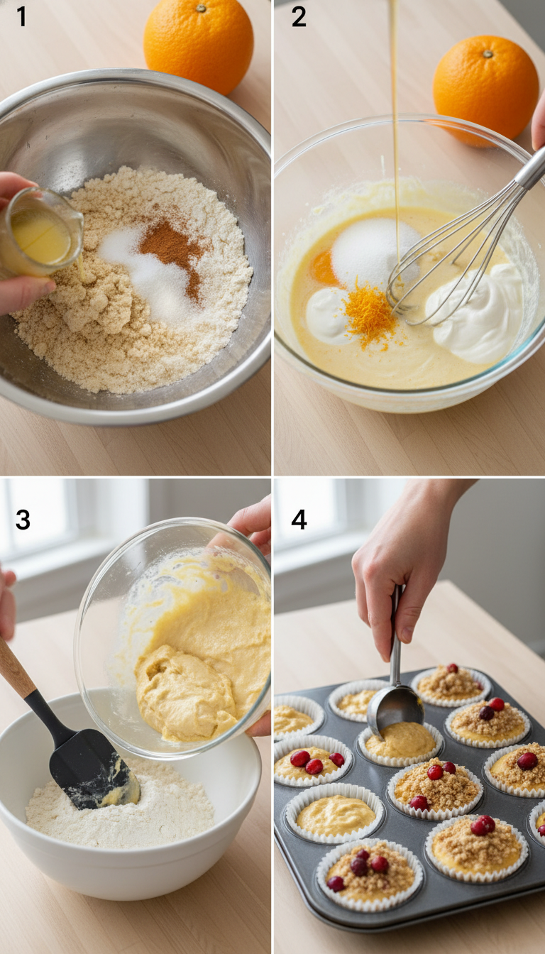 Step by step process of making cranberry orange muffins with streusel topping