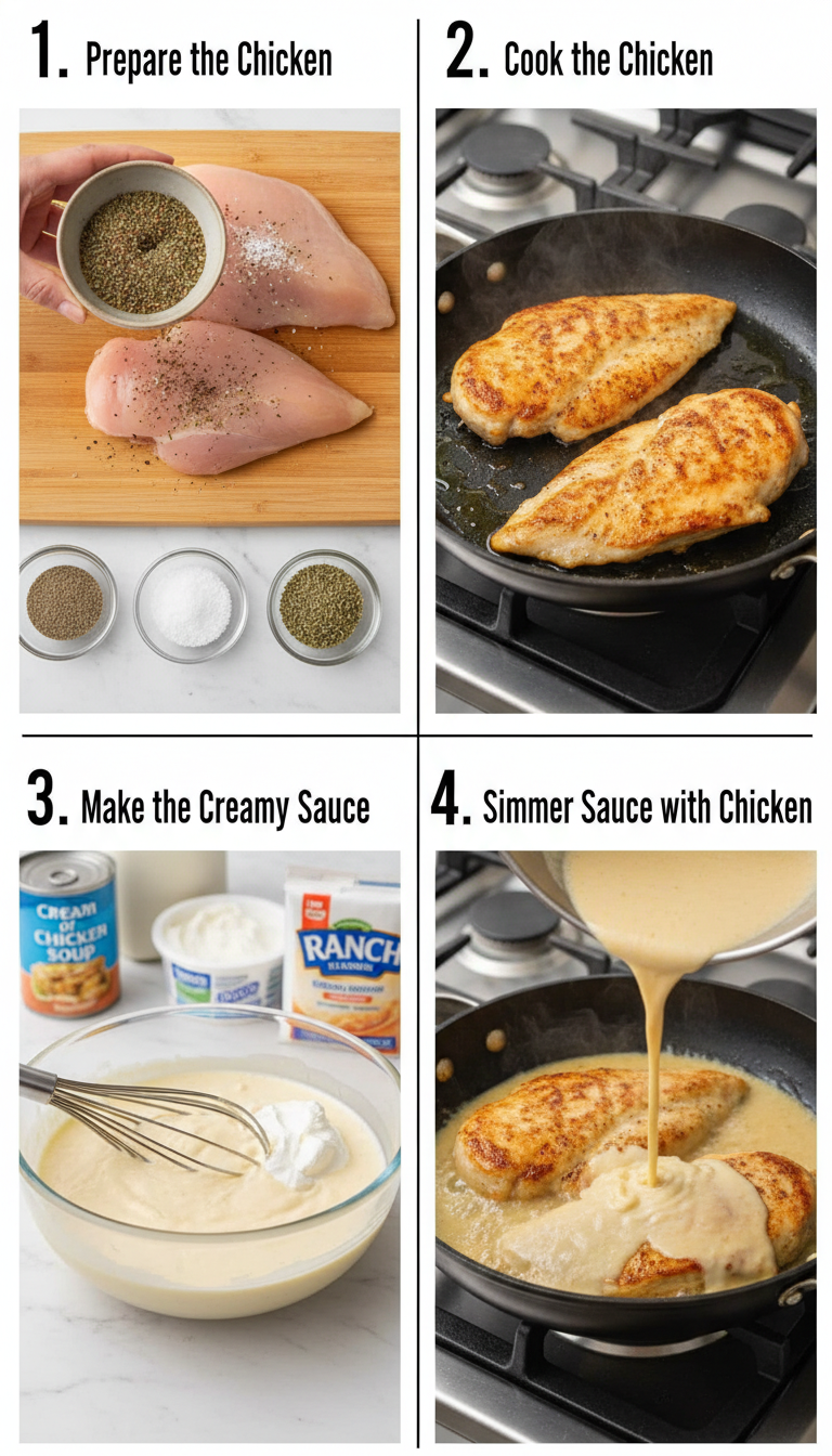 Step by step process showing chicken being seared and creamy ranch sauce being prepared in cast iron skillet
