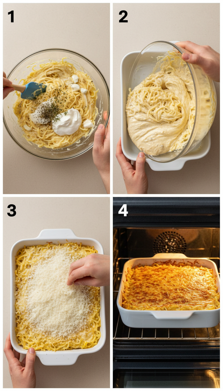 Step-by-step process of making creamy spaghetti squash au gratin showing mixing ingredients and transferring to baking dish