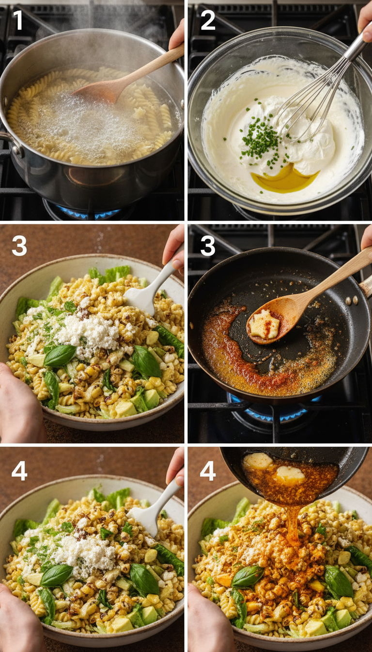 Step-by-step preparation of Creamy Street Corn Pasta Salad showing each cooking stage