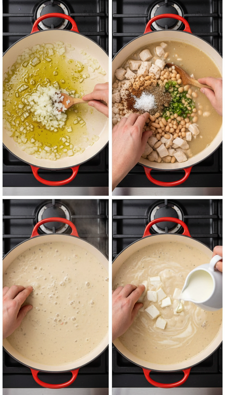 Step-by-step process of making creamy white chicken chili showing sautéed onions, adding ingredients, and the final creamy consistency
