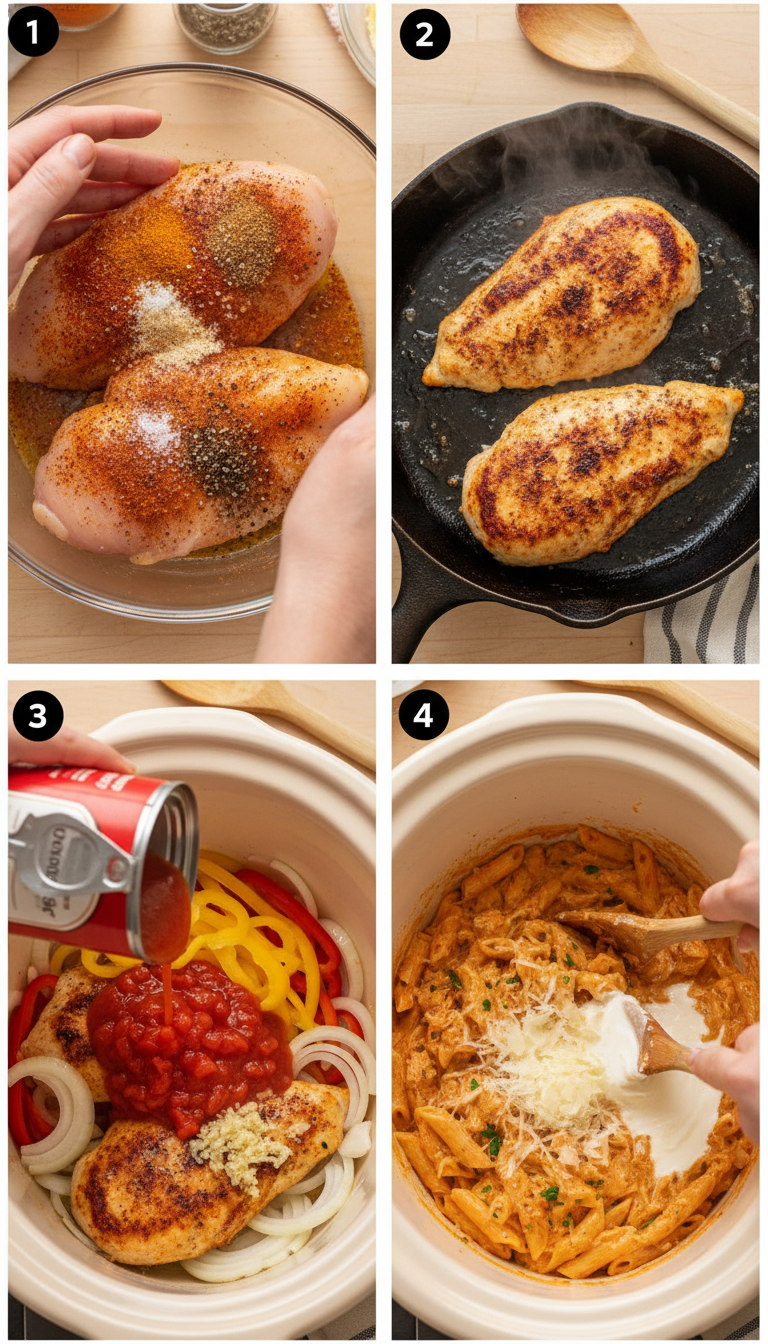 Step by step preparation of Crock Pot Creamy Cajun Chicken Pasta showing seasoning, browning, and slow cooking process