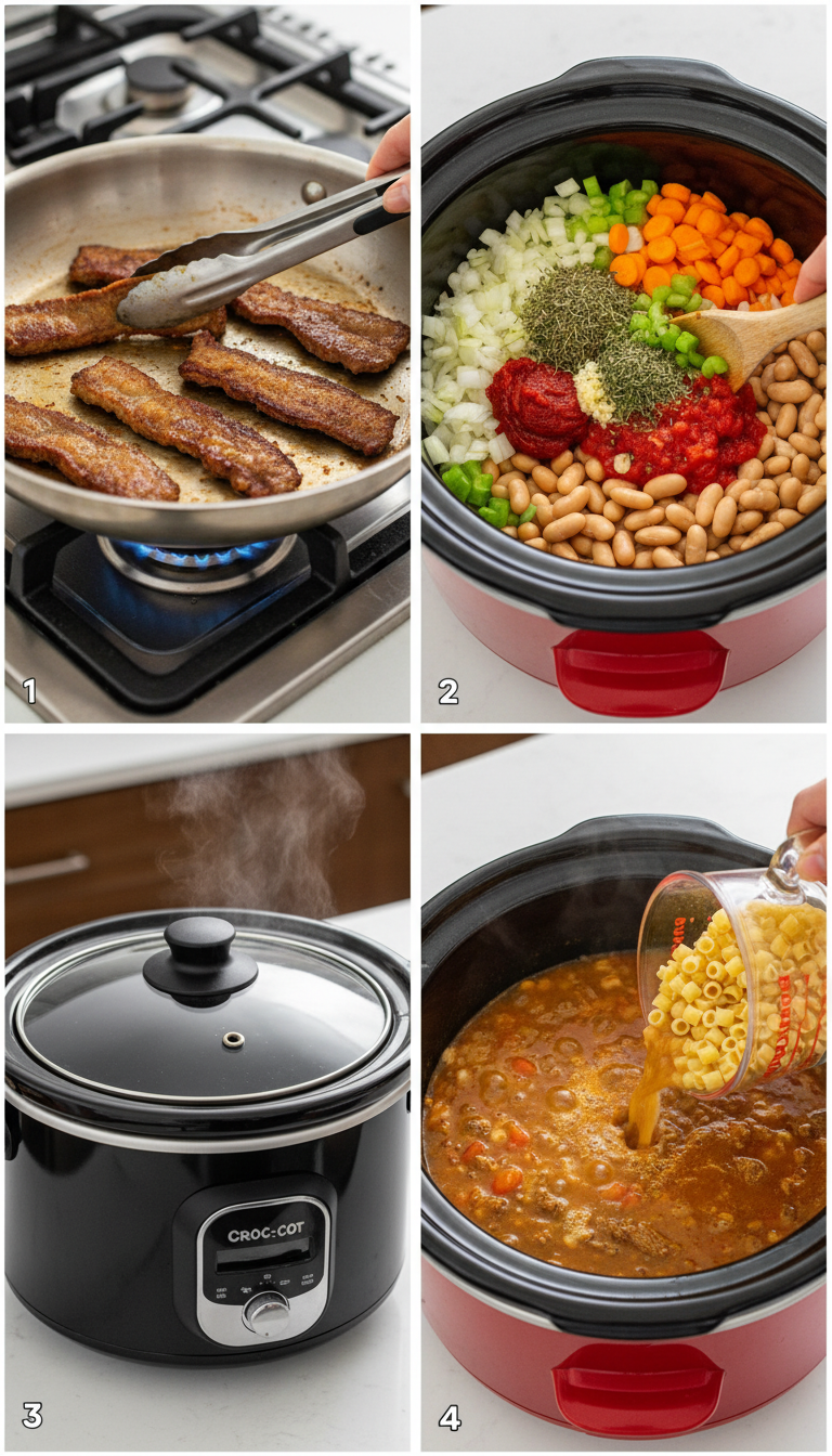 Step-by-step visual guide showing the preparation process of Crock Pot Pasta Fagioli from cooking beef to final serving