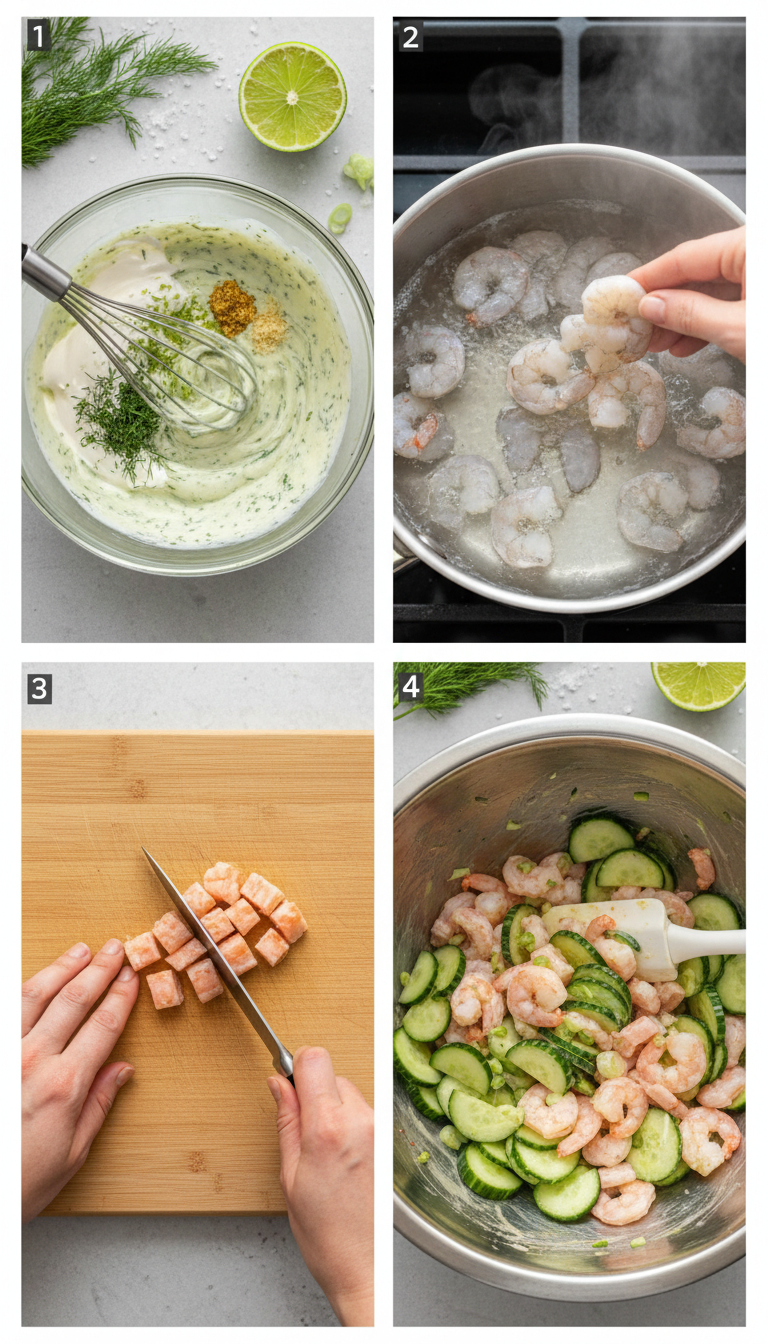 Step-by-step process showing shrimp cooking in boiling water, ice bath cooling, dressing preparation, and final salad assembly