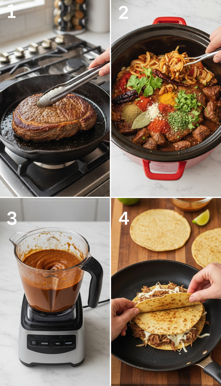 Step-by-step process of making Easy Birria Tacos with Consomme in the Slow Cooker