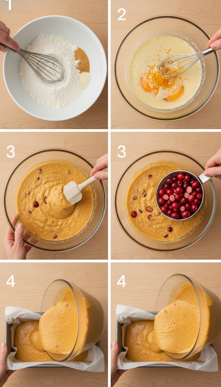 Step-by-step process showing mixing bowls with ingredients being combined for easy orange cranberry bread