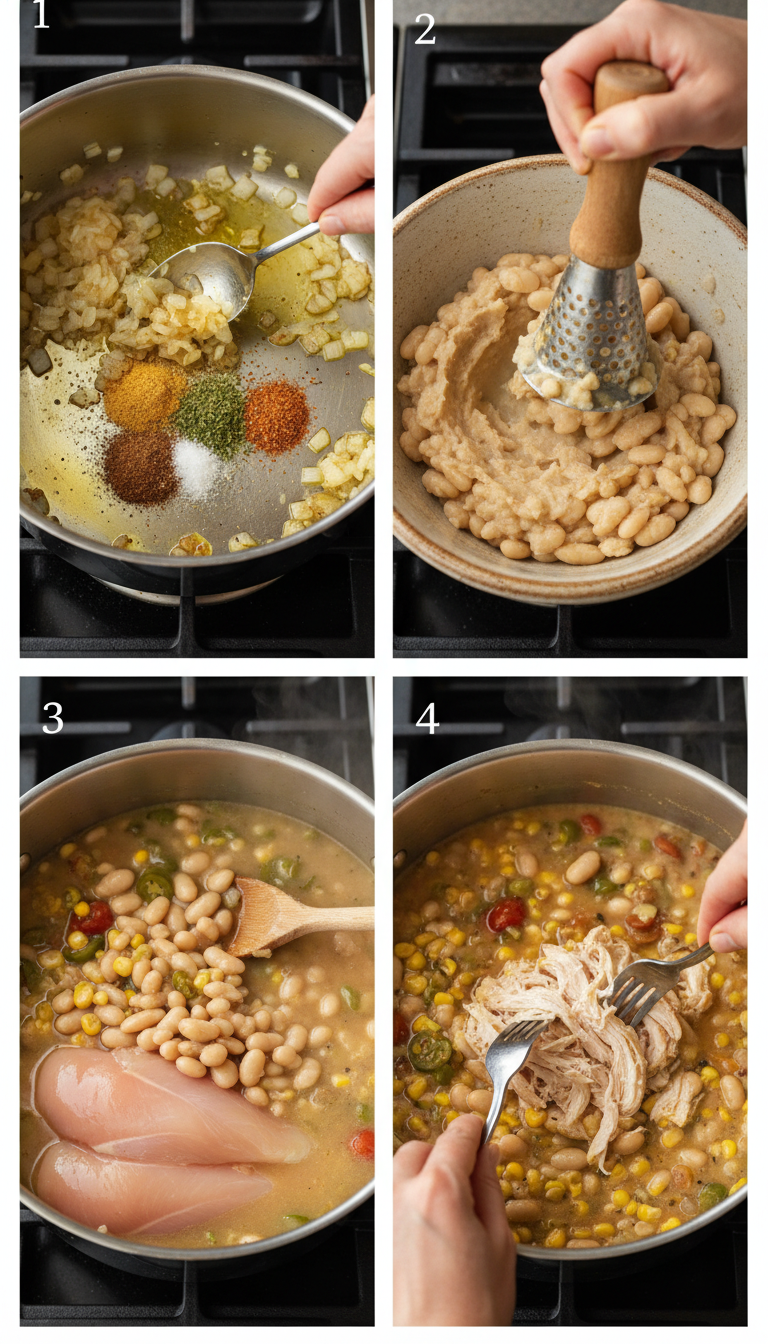 Step-by-step cooking process showing sautéed aromatics, mashed beans, and simmering chili in a large pot