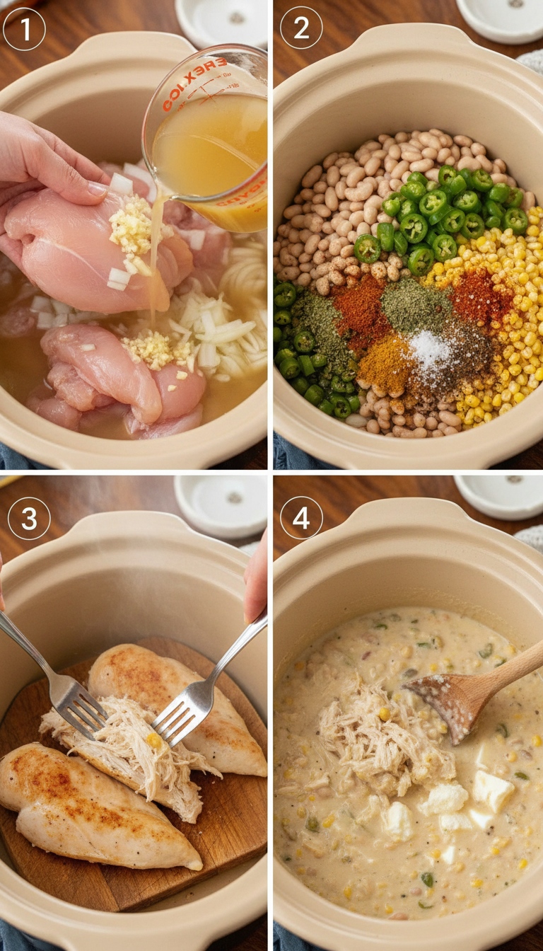 Step by step process of making flavorful crockpot white chicken chili soup showing ingredient layers