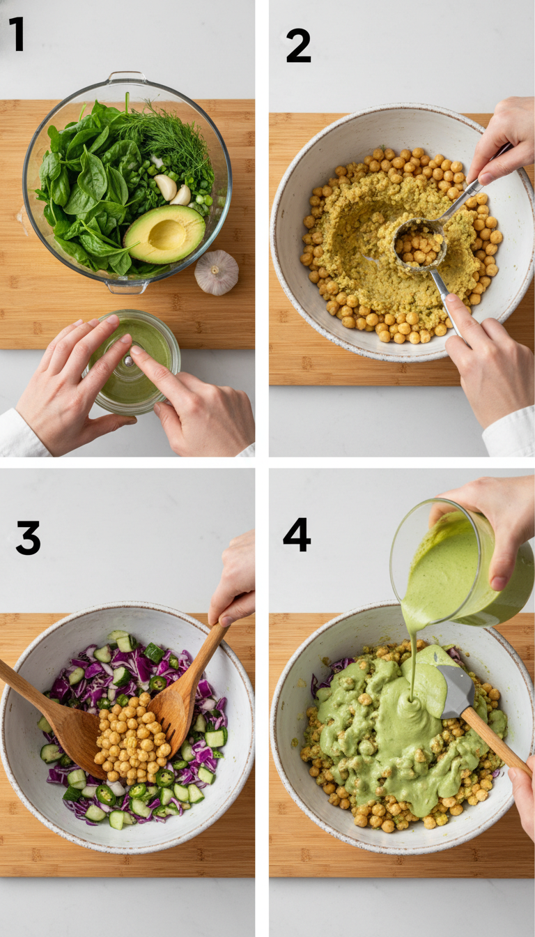 Step by step preparation of Green Goddess Salad Sandwich showing blending, mashing, and assembly stages