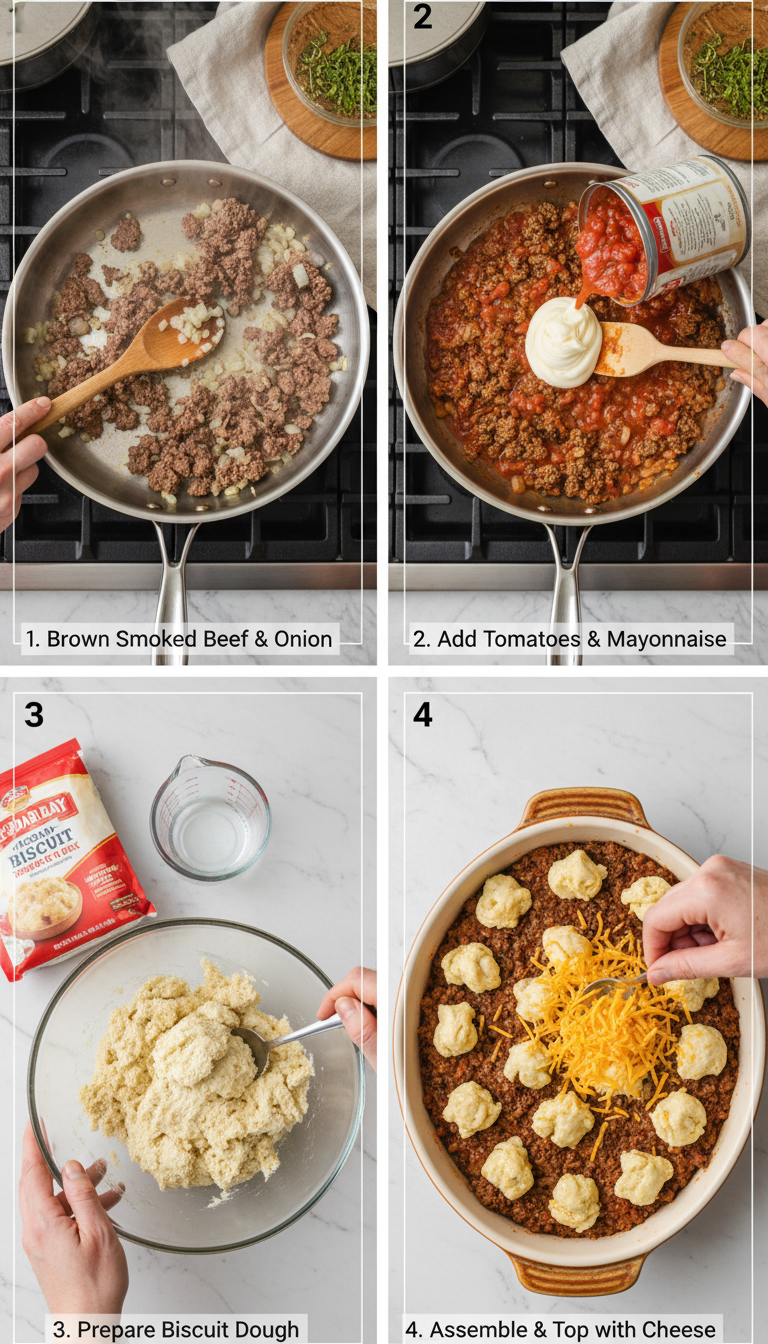 Step-by-step preparation process for Cattle Drive Casserole with Cheesy Biscuits