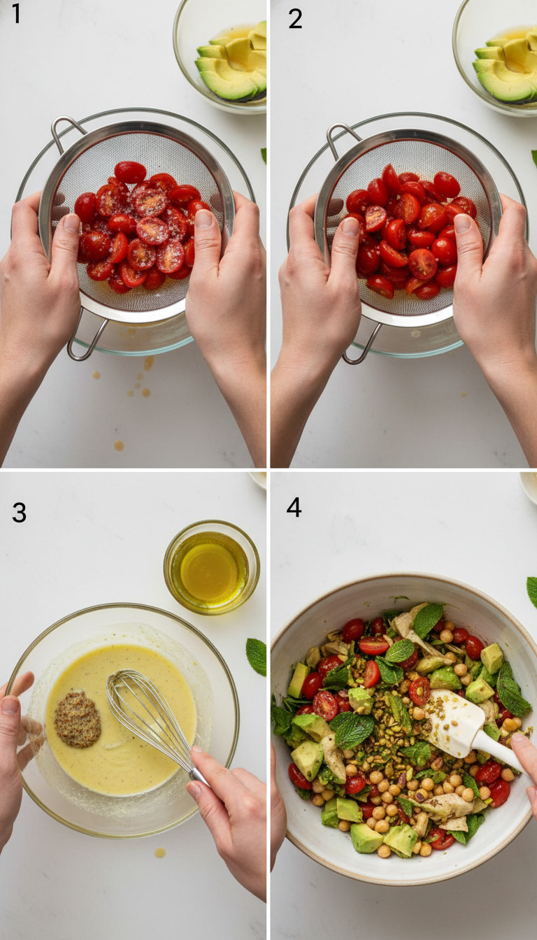 Step-by-step preparation photos showing tomato salting, dressing mixing, and final assembly of High-Protein Tomato & Basil Salad