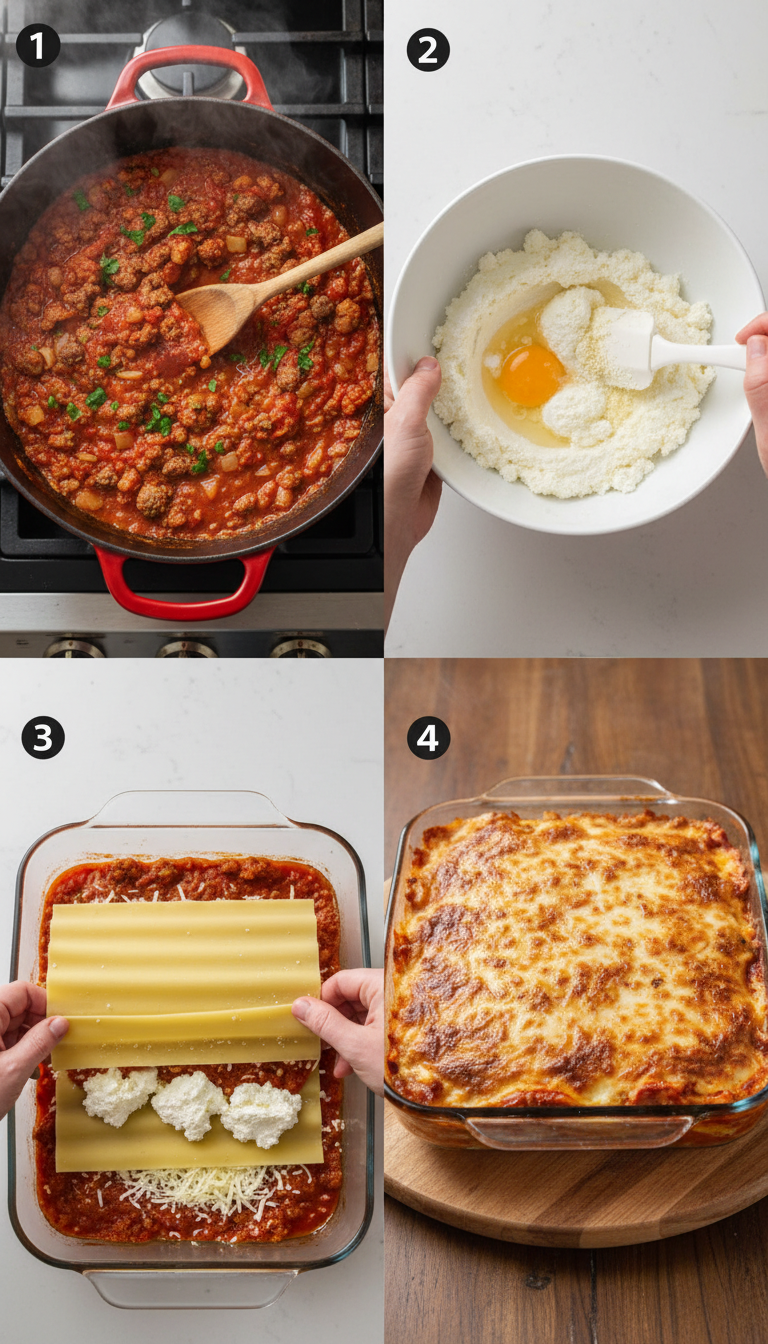 Step-by-step photos showing the assembly process of homemade lasagna layers in a baking dish