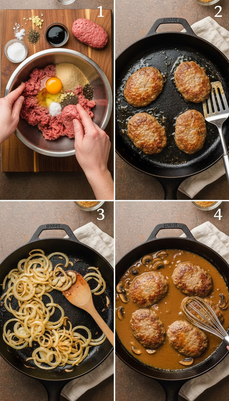 Step by step process of making Salisbury steak showing patty formation, searing, and gravy preparation