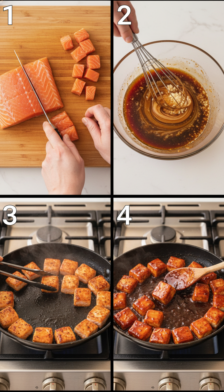 Step-by-step preparation photos showing salmon cubing, marinating process, and final plating of Honey Sriracha Salmon Bowls