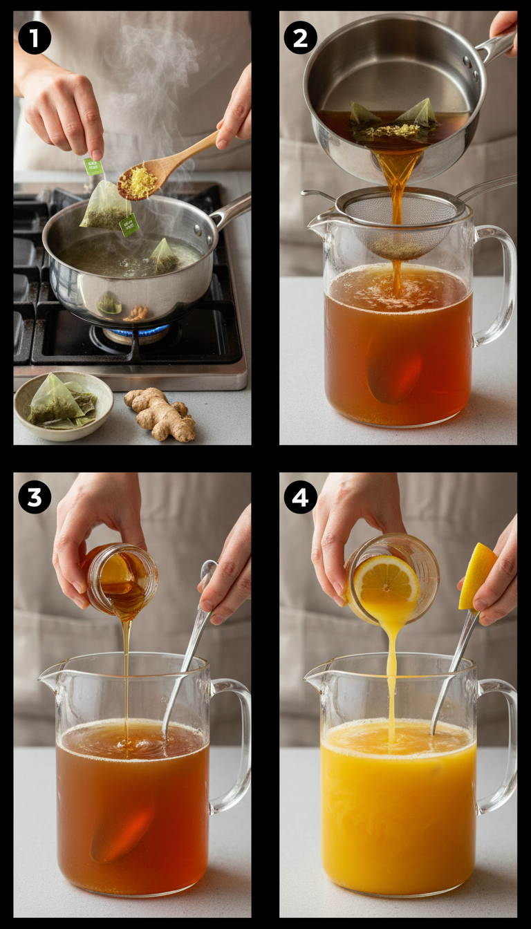 Step-by-step process of making iced orange ginger green tea showing water heating, tea steeping, straining, and final assembly with ice