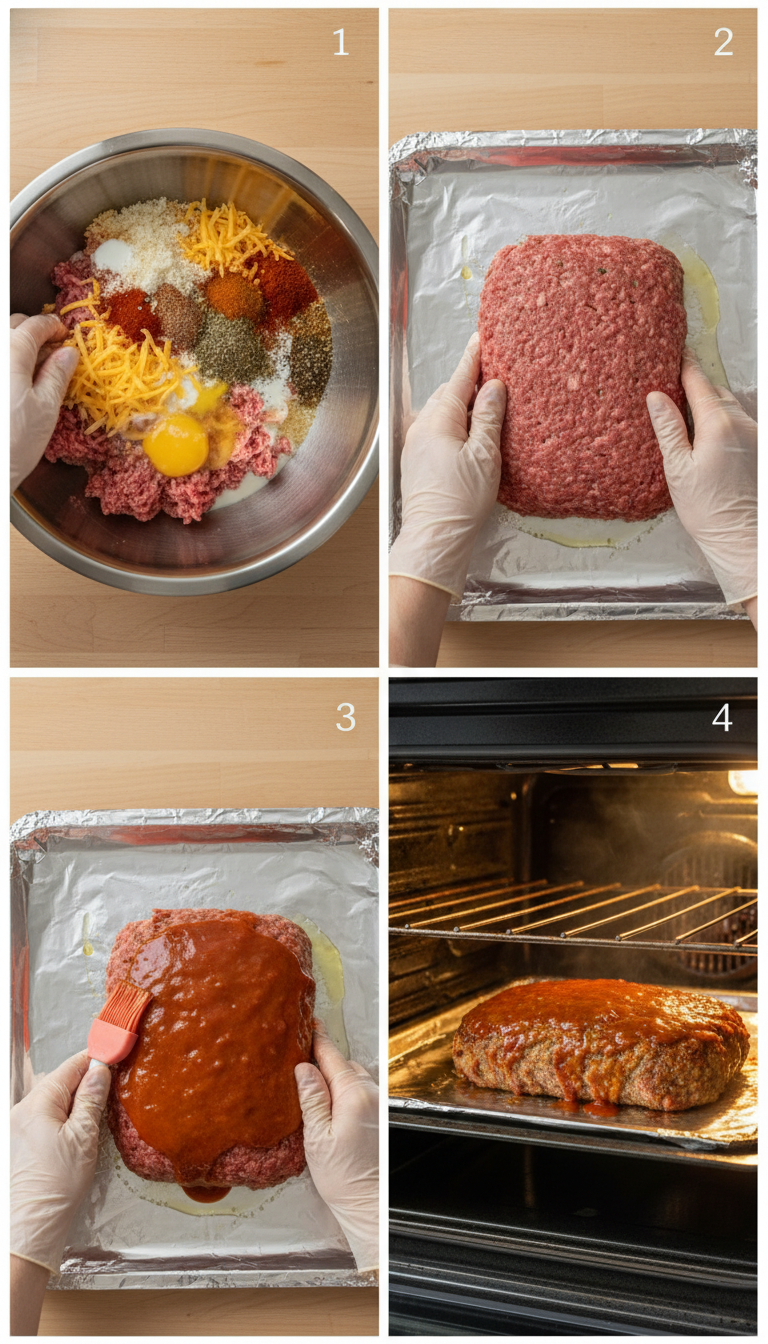 Step-by-step preparation of Juicy Homemade Meatloaf showing mixing ingredients and shaping the loaf