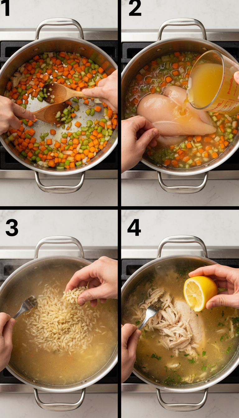 Step-by-step cooking process showing vegetables being sautéed, chicken being added to pot, and final soup being ladled into bowls