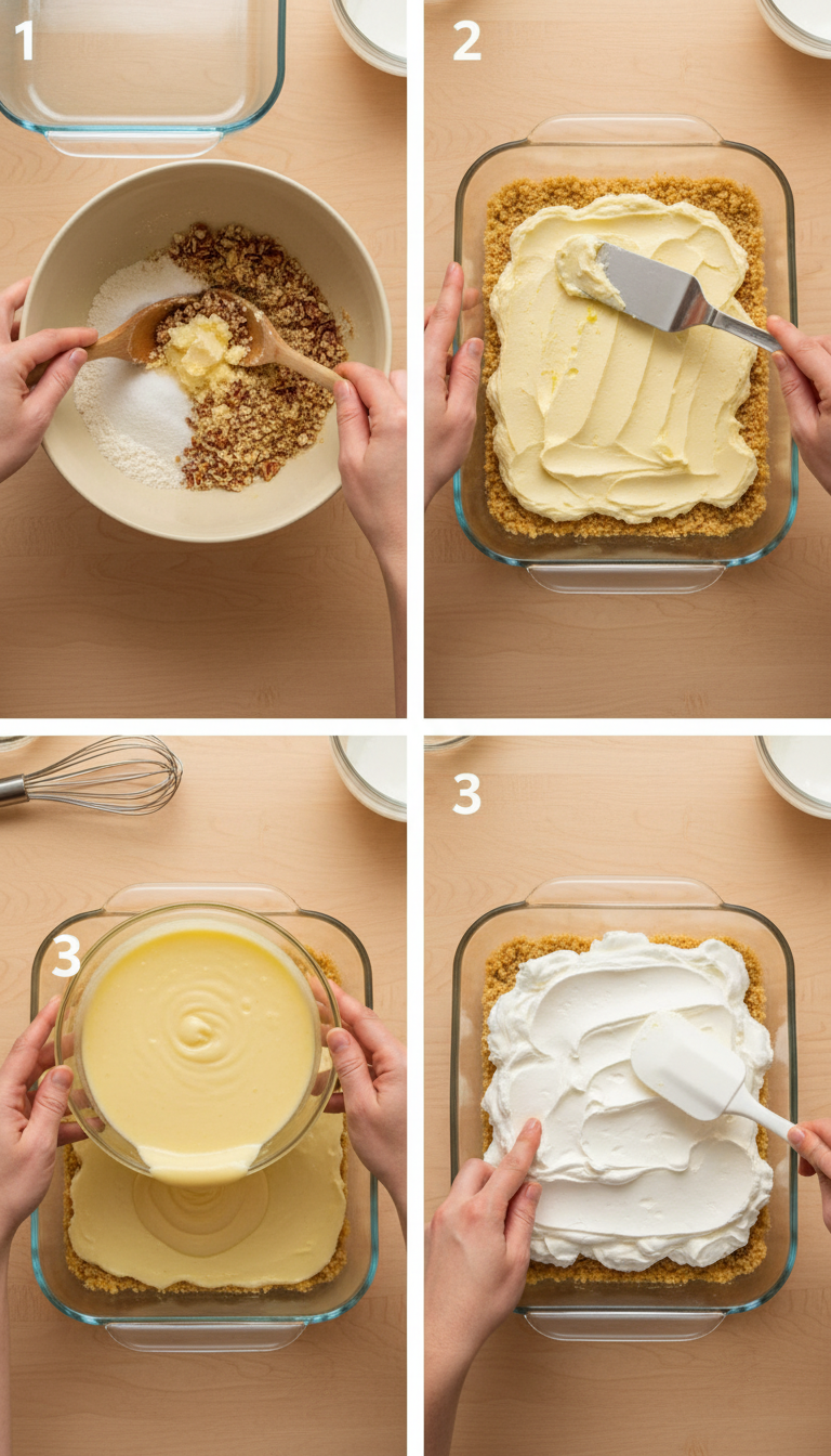 Step-by-step process showing layers being assembled for Lemon Lush Cake in glass baking dish