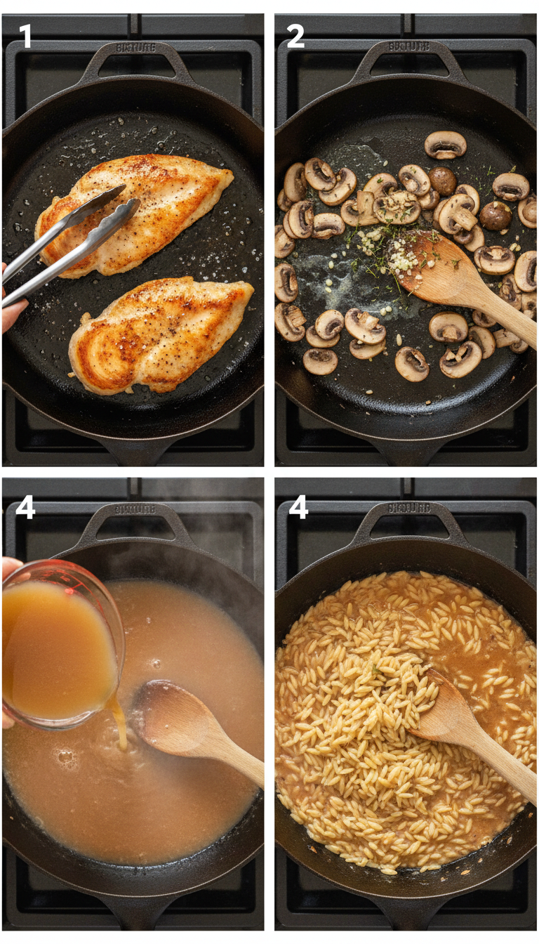 Step by step process of making Marsala Chicken Orzo showing chicken cooking in skillet and orzo being added