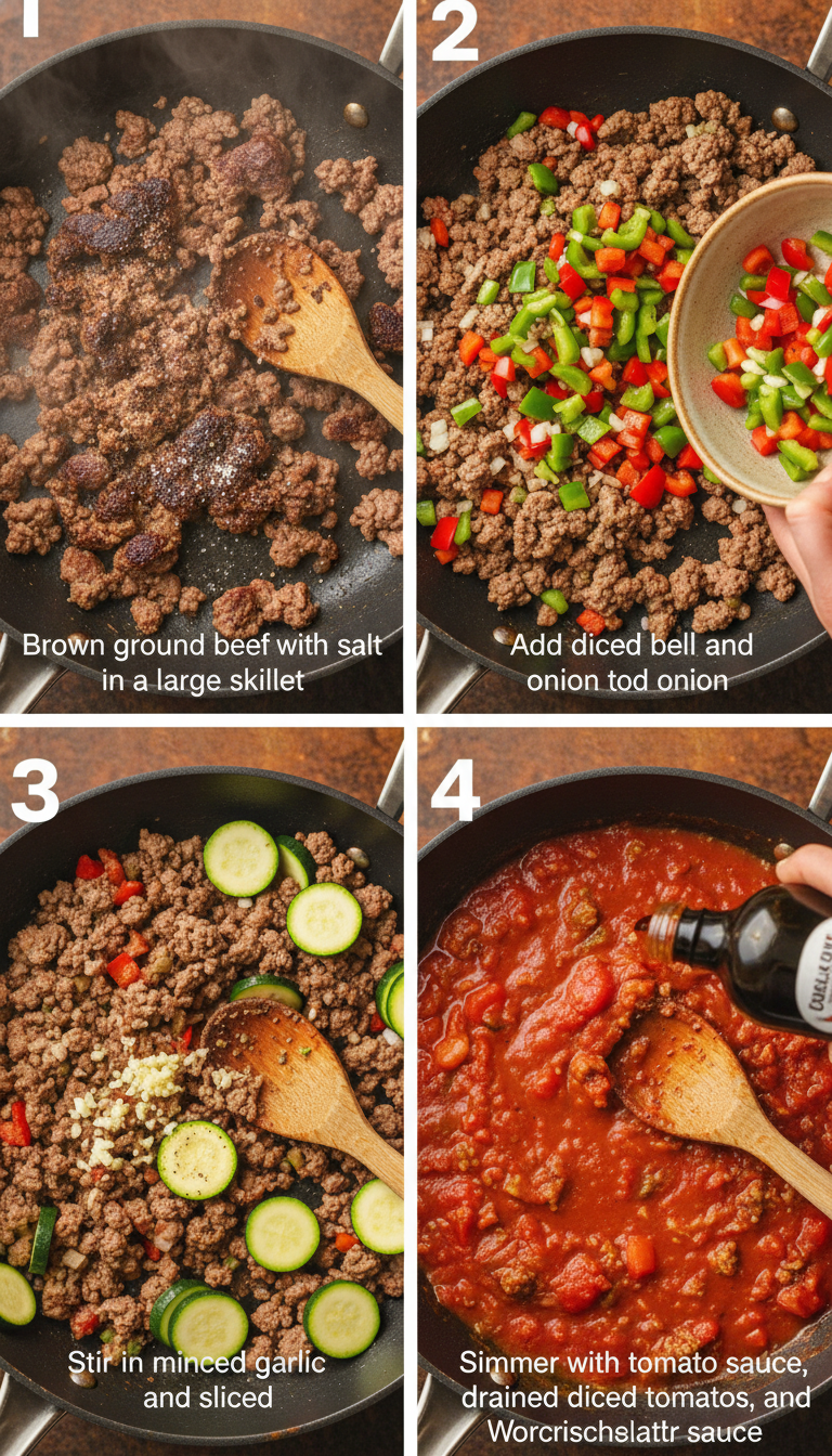 Step-by-step process of making Meal Prep Unstuffed Pepper Bowls showing rice cooking, vegetables being sautéed, and final assembly