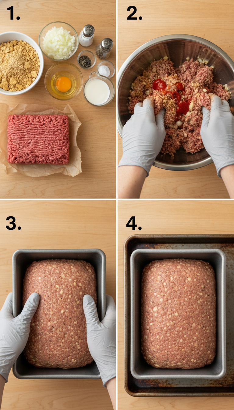 Step by step process of making meatloaf with crackers showing mixing bowl with ingredients and formed loaf in baking pan