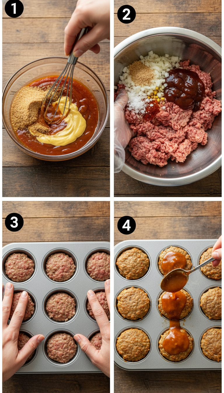 Step-by-step visual guide showing mini meatloaf preparation from mixing ingredients to final glazed presentation in muffin tins
