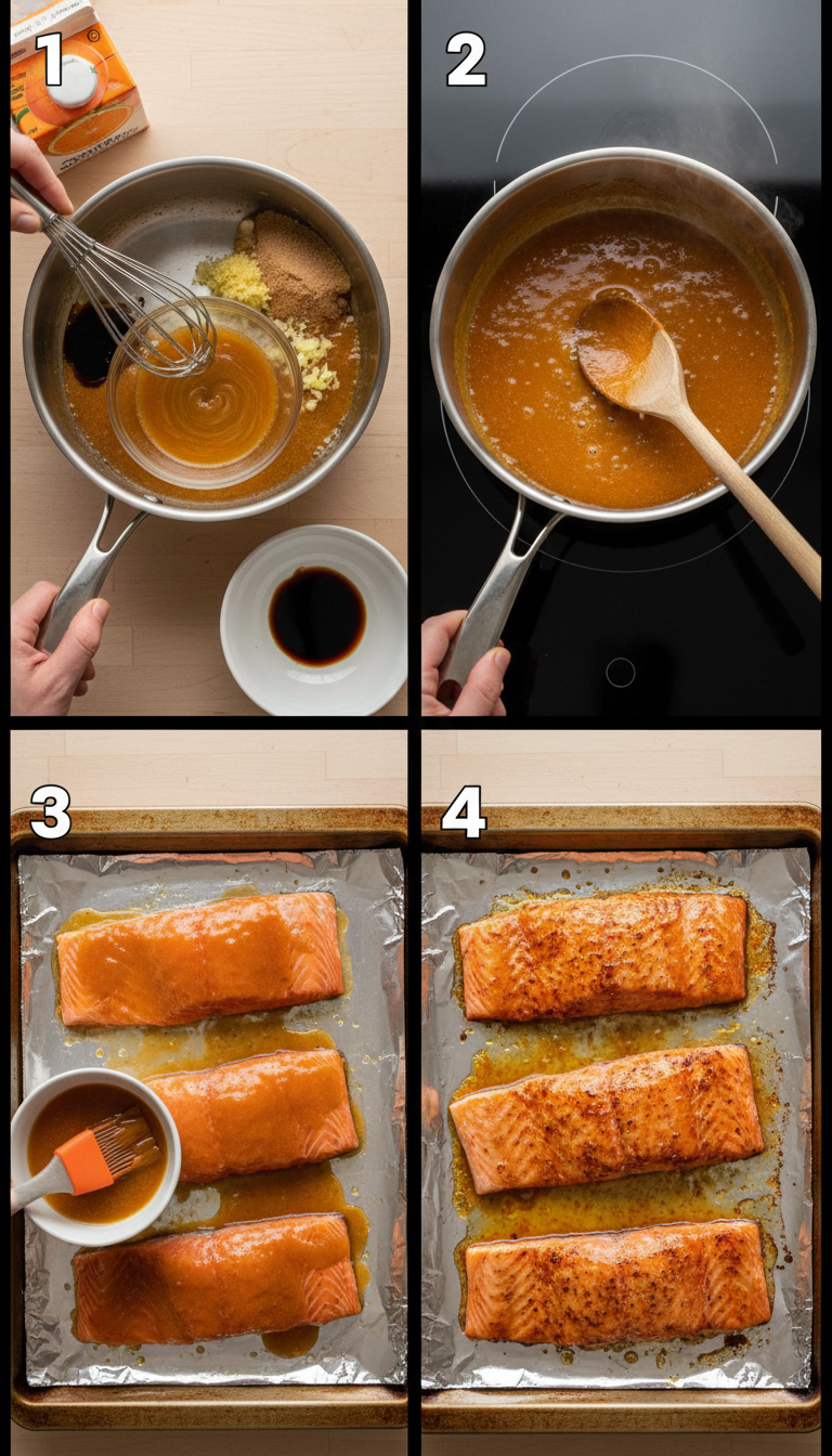 Step-by-step process showing orange teriyaki glaze preparation, salmon placement on baking sheet, and final glazed salmon ready for serving